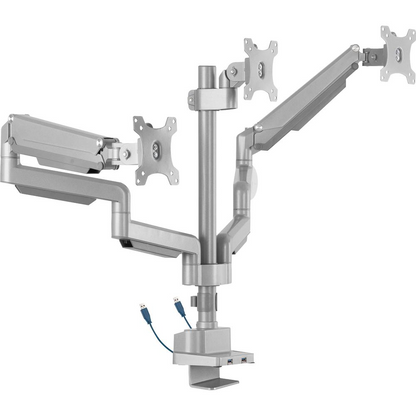 Gray Lorell monitor mounting arm supporting three displays, height adjustable with 75x75 and 100x100 VESA mounts, 15.4 lb capacity.