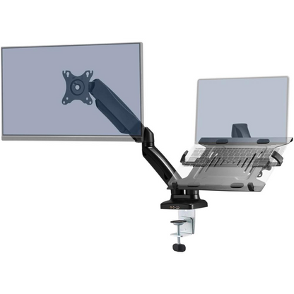 Start2Finish Lorell black monitor mounting arm, height adjustable for two displays, supports 14.3 lb, 75x75 and 100x100 VESA mounts