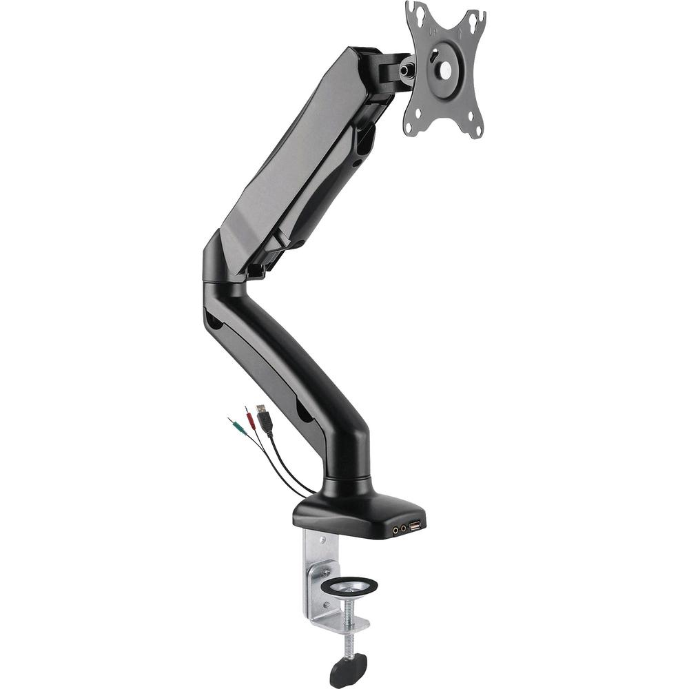 Start2Finish Lorell black monitor mounting arm, height adjustable for one display, supports 14.3 lb with 75x75 or 100x100 VESA mounts.