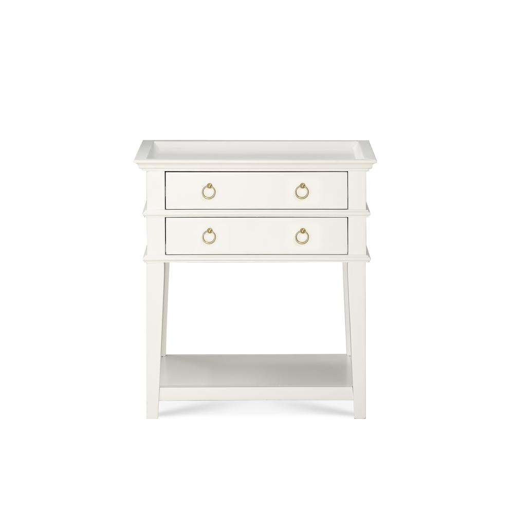 White Clara 2-drawer tray top nightstand by Start2Finish with a clean modern design and wooden legs.