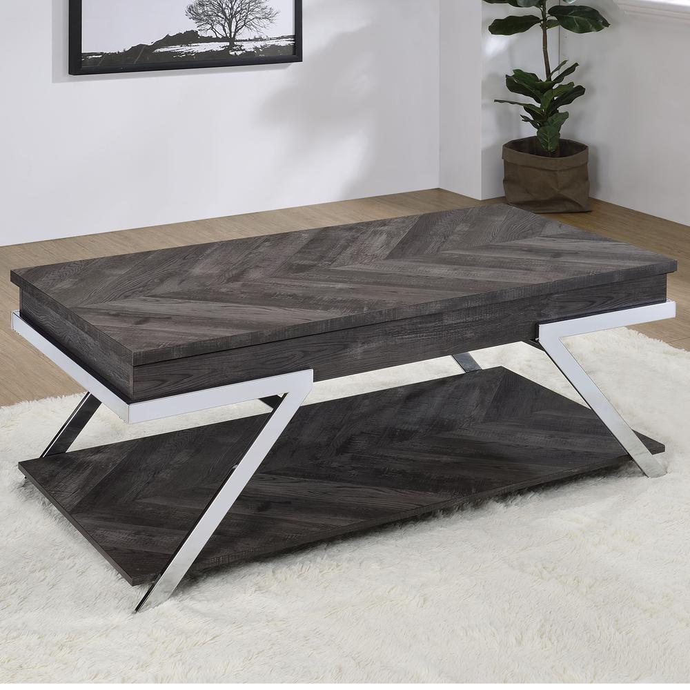 Start2Finish Roma Lift Top Cocktail Table with open storage and sleek wood finish, showcasing its modern design and functional features.