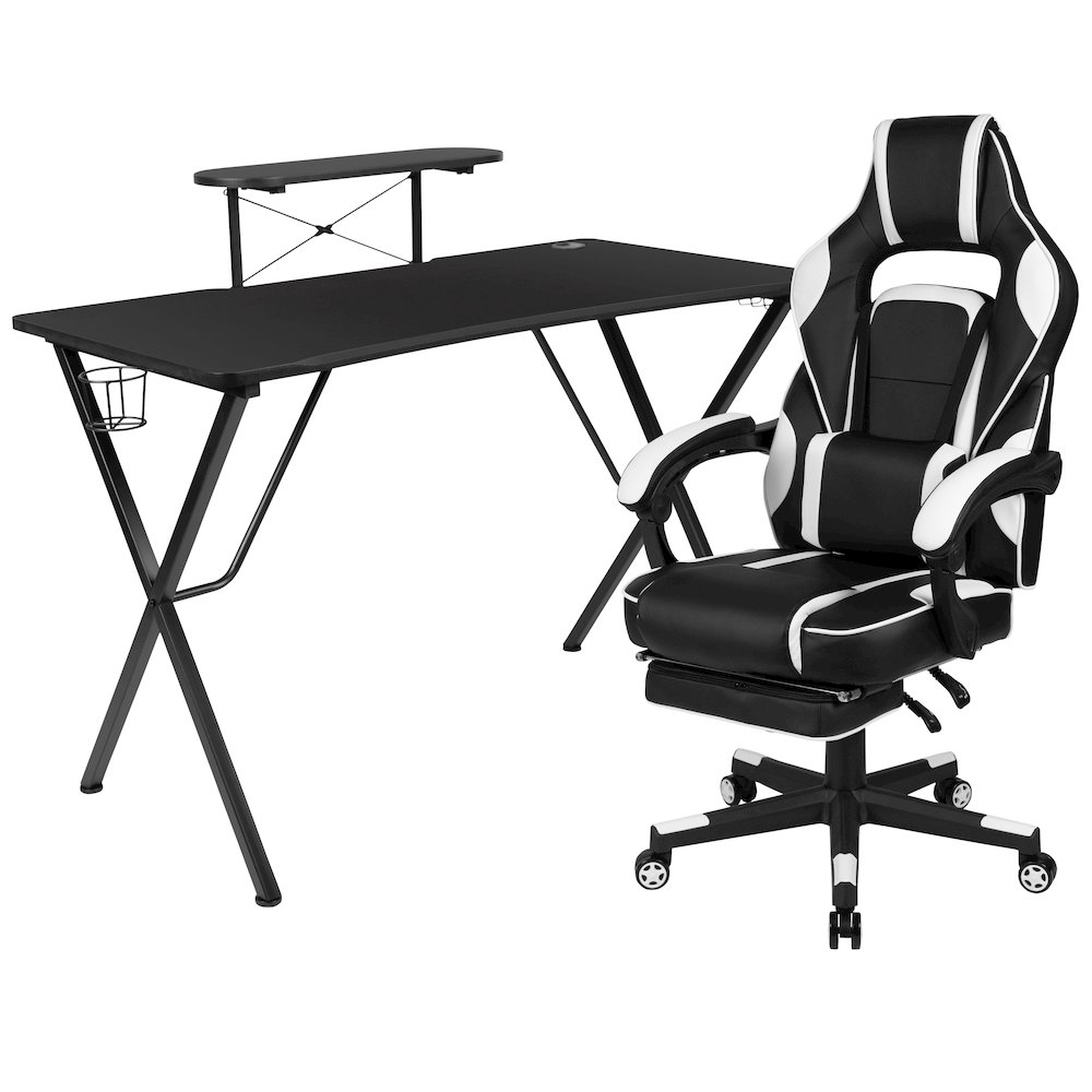 Start2Finish black gaming desk with headphone hook, monitor stand, and white gaming chair arms, showcasing a sleek gaming furniture setup.
