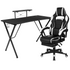 Start2Finish black gaming desk with headphone hook, monitor stand, and white gaming chair arms, showcasing a sleek gaming furniture setup.