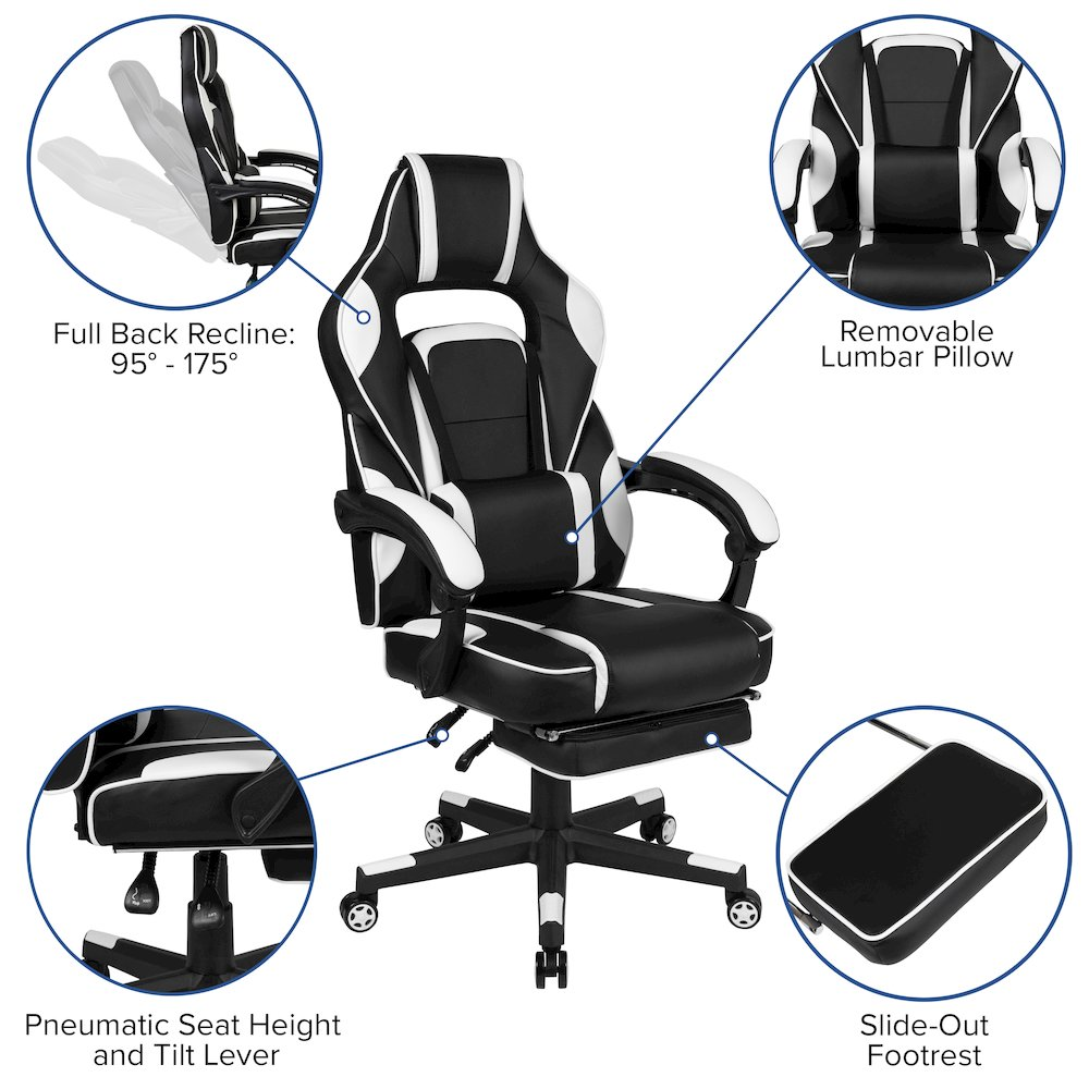 Start2Finish gaming desk with headphone hook, monitor stand, and white gaming chair arms, showcasing sleek black furniture and ergonomic design.