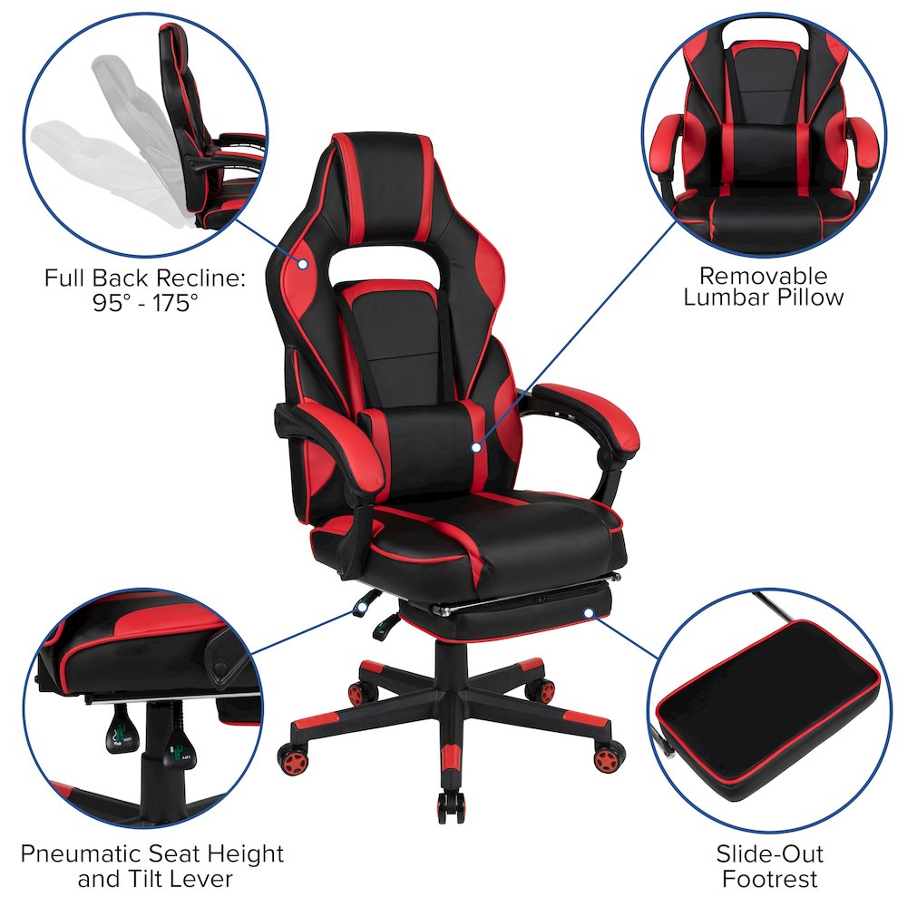 Start2Finish black gaming desk with headphone hook, monitor stand, red backrest, and adjustable arms for gaming chair setup.