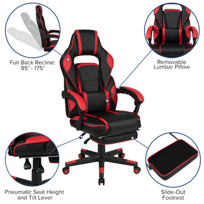 Start2Finish black gaming desk with headphone hook, monitor stand, red backrest, and adjustable arms for gaming chair setup.