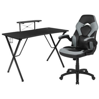 Start2Finish black gaming desk with gray and black racing chair, modern furniture set for gaming and workspace setup.