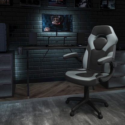 Start2Finish black gaming desk with gray and black racing chair set, featuring sleek workspace and ergonomic design.
