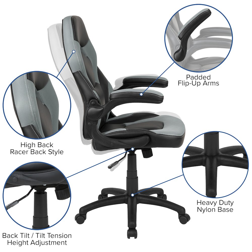 Start2Finish black gaming desk with gray and black racing chair, featuring ergonomic design and gaming setup essentials.