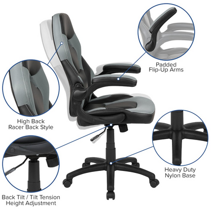 Start2Finish black gaming desk with gray and black racing chair, featuring ergonomic design and gaming setup essentials.