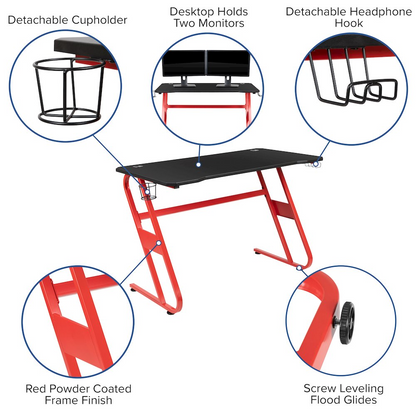 Start2Finish gaming chair with white reclining back, adjustable arms, and red gaming desk with headphone hook for ergonomic gaming setup.