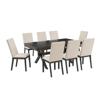 Hayden 9-piece dining table set by Start2Finish with a large wood table and eight upholstered chairs for comfortable dining.