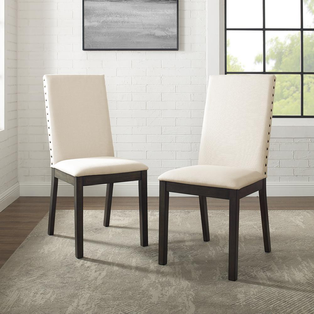 Two upholstered dining chairs from Start2Finish Hayden 2-piece furniture set, featuring cushioned seats and fabric upholstery