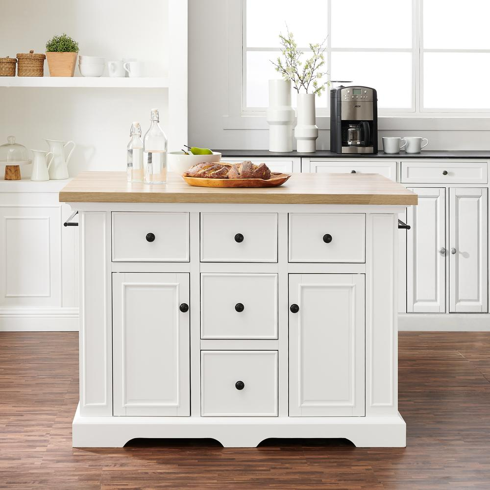 Start2Finish Julia Wood Top Kitchen Island with spacious surface and storage drawers, ideal for kitchen workspace and organization.