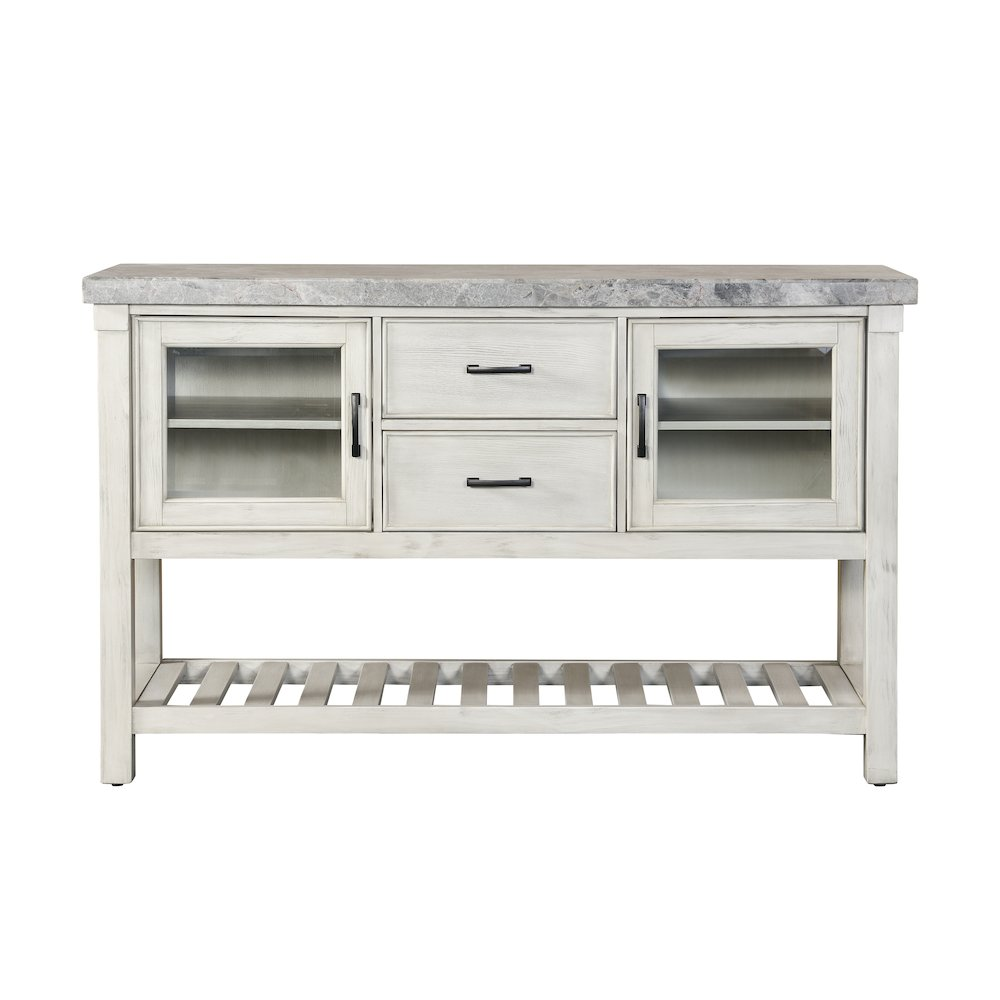 Start2Finish Canova gray marble top server with wooden legs and storage compartments, showcasing elegant marble surface and functional design.