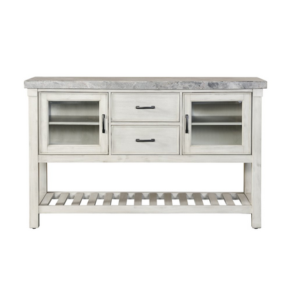 Start2Finish Canova gray marble top server with wooden legs and storage compartments, showcasing elegant marble surface and functional design.
