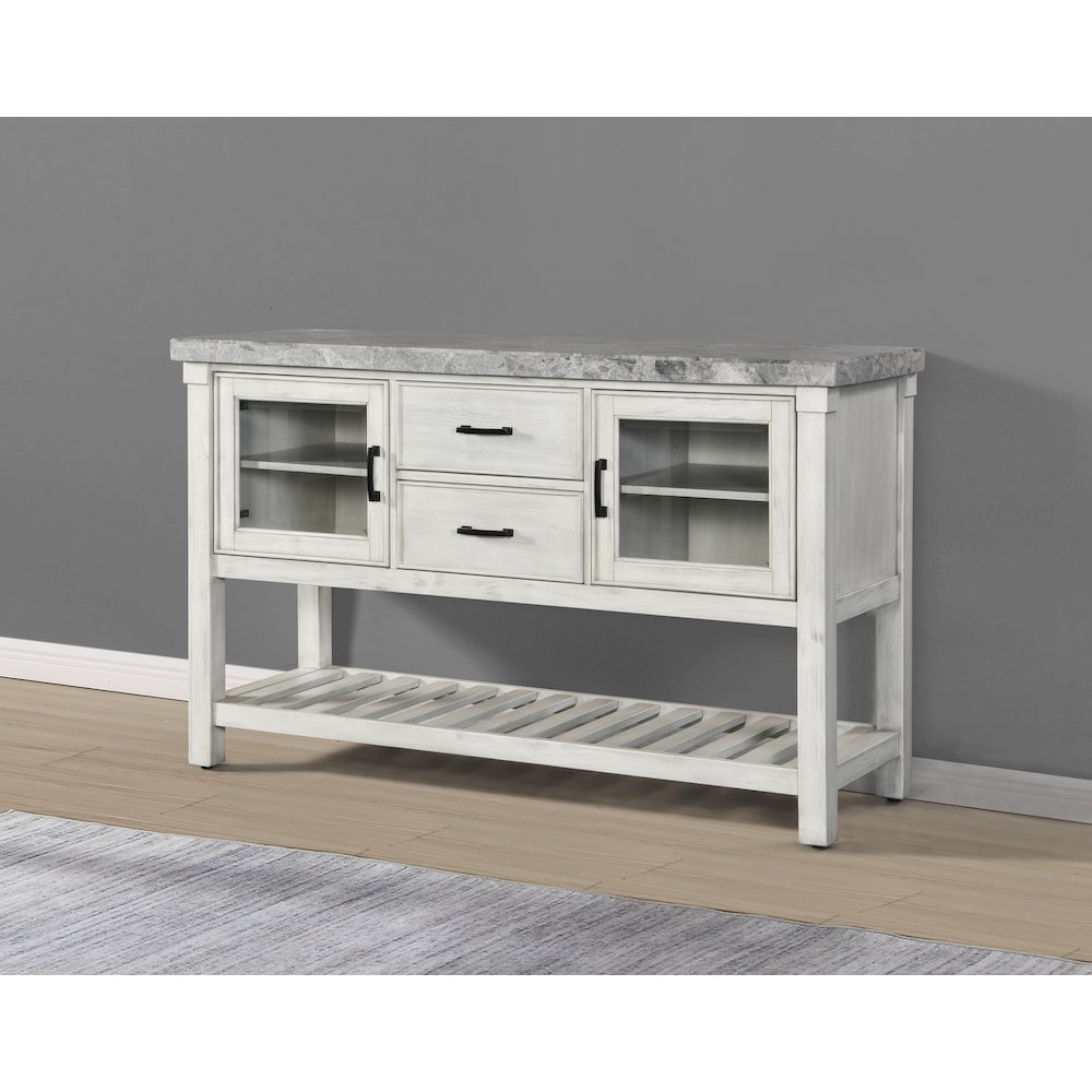 Gray marble top server by Start2Finish with sleek wooden legs and spacious storage drawers.