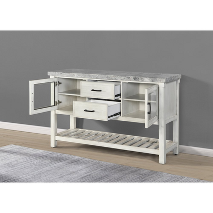 Canova gray marble top server by Start2Finish with wooden base and storage drawers, showcasing elegant marble and craftsmanship.