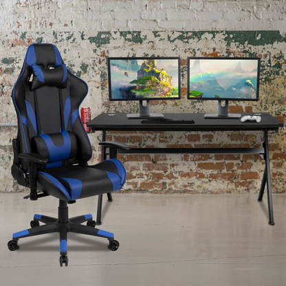 Start2Finish gaming desk and blue/black reclining gaming chair set, featuring a spacious desk and ergonomic chair for gaming and work.