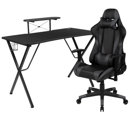 Start2Finish black gaming desk with a gray reclining gaming chair, modern furniture set for gaming and work setup.