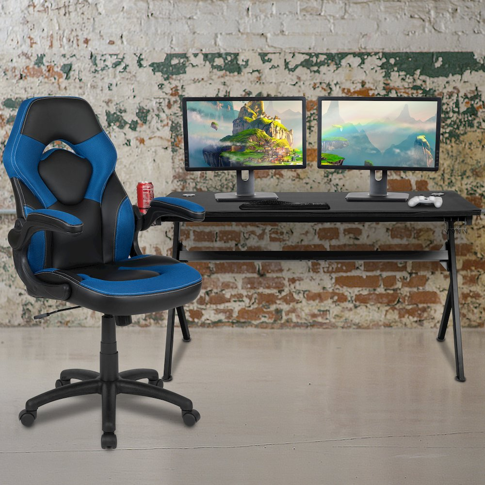 Start2Finish gaming desk with blue and black racing chair, ergonomic furniture set for gaming and office setup.