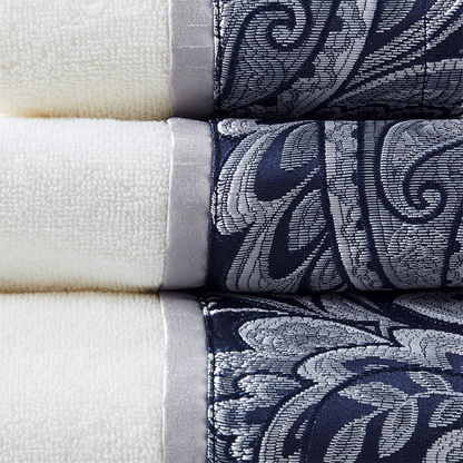 Start2Finish 6-piece Jacquard bath towel set with patterned, soft cotton towels displayed in a bathroom setting.