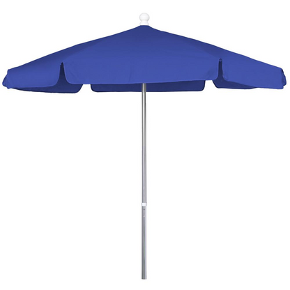 7.5-foot hexagonal garden umbrella by Start2Finish with six ribs, Pacific Blue vinyl-coated weave, providing shade and outdoor style.