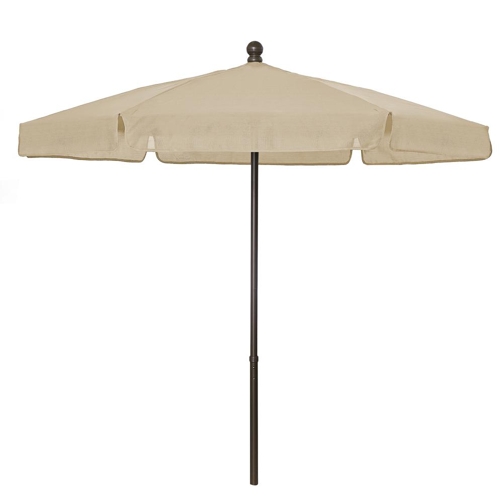 Start2Finish 7.5-foot hex garden umbrella with beige vinyl-coated weave, 6 ribs, push-up and pin lift mechanism, outdoor shade.