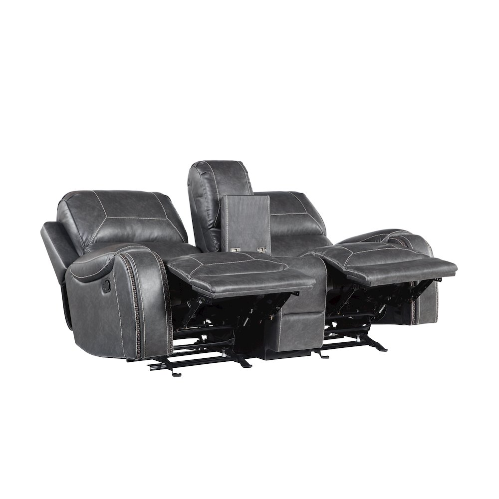 Gray Keily Manual Console Loveseat by Start2Finish featuring cushioned seats and a built-in console, perfect for small living spaces.