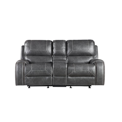 Keily Gray Manual Console Loveseat by Start2Finish showing gray upholstered fabric and built-in console with cup holders.
