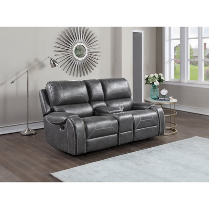 Keily gray manual console loveseat by Start2Finish with padded armrests and fabric upholstery, shown from front view.