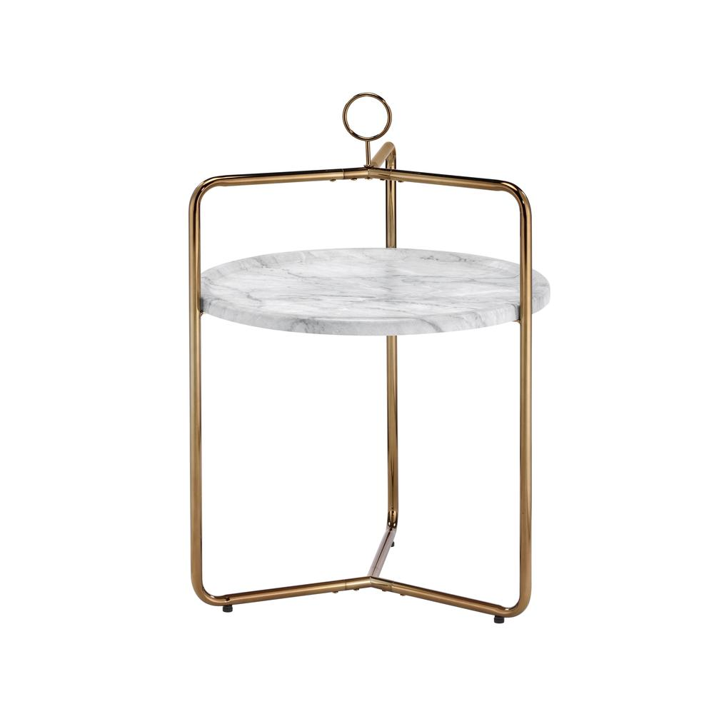White and gold Miro side table by Start2Finish, featuring a sleek modern design with a round tabletop and stylish gold legs.