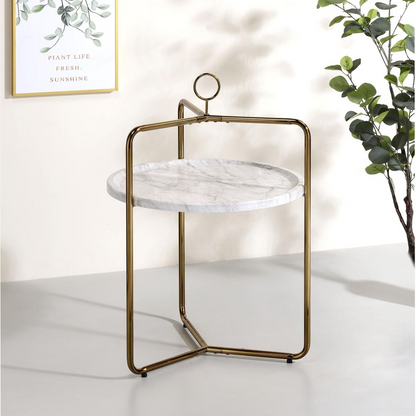 White and gold Miro side table by Start2Finish, featuring a sleek modern design with a round tabletop and stylish metal legs.