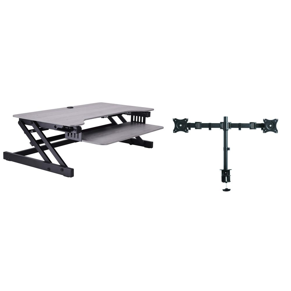 Start2Finish Rocelco 37.5-inch height adjustable standing desk converter with dual monitor mount and retractable keyboard tray in gray.