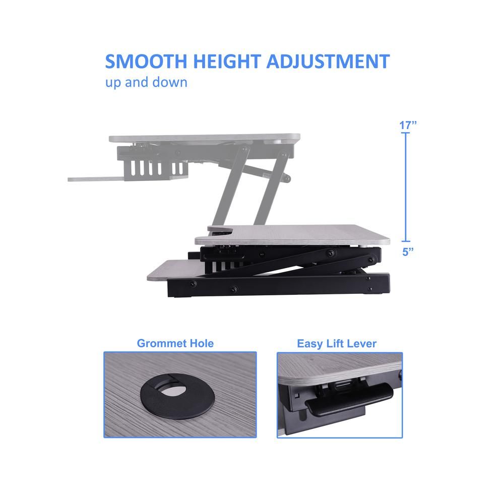 Start2Finish Rocelco 37.5-inch gray height adjustable standing desk converter with dual monitor mount and large retractable keyboard tray.