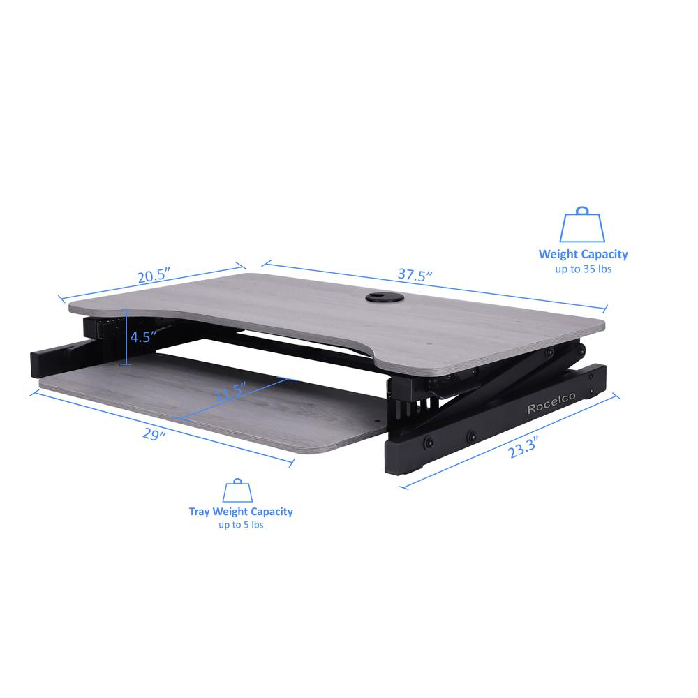 Start2Finish Rocelco 37.5-inch height adjustable standing desk converter with dual monitor mount and retractable keyboard tray in gray.