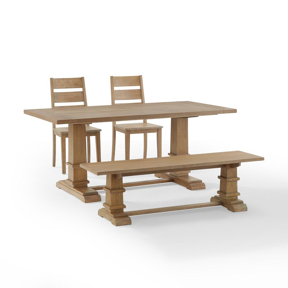 Start2Finish Joanna 4-piece dining table set includes table, bench, and two ladder-back chairs for five.