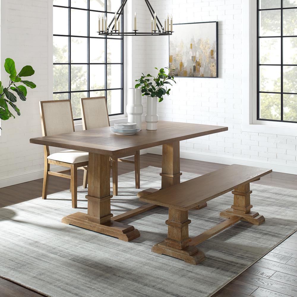 Start2Finish Joanna 4-piece dining table set with a table, bench, and two upholstered chairs, perfect for family meals.