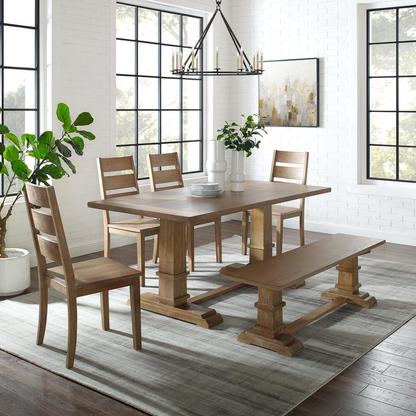 Start2Finish Joanna 6-piece dining table set with bench and four ladder-back chairs, ideal for family dining rooms.