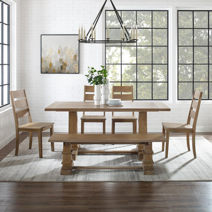 Joanna 6-piece dining table set by Start2Finish with table, bench, and four ladder-back chairs for seven people.