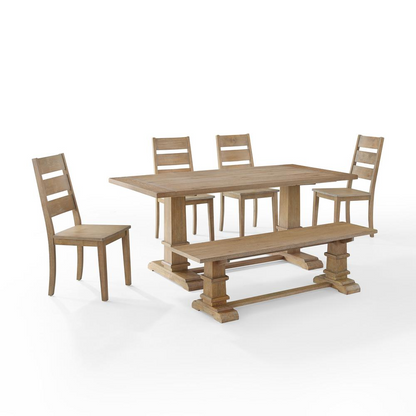 Start2Finish Joanna 6-piece dining table set with a table, bench, and four ladder-back chairs, perfect for family meals.
