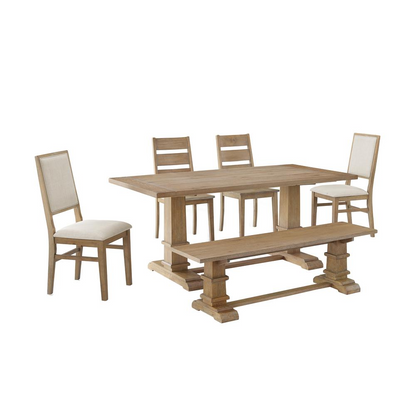 Start2Finish 6-piece dining table set with bench, two ladder-back chairs, and two arm chairs, featuring a spacious wooden table.