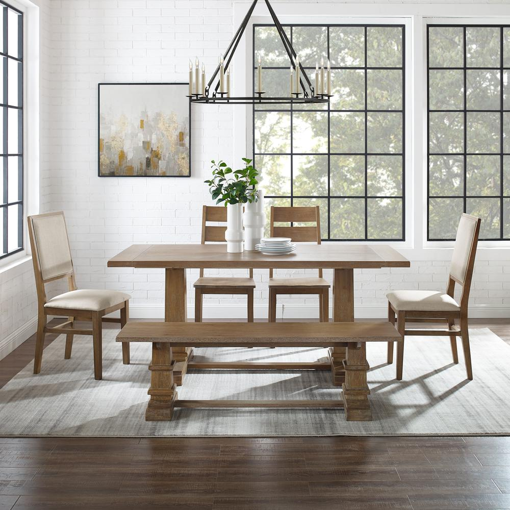 Start2Finish 6-piece dining table set for 7 with table, bench, two ladder-back chairs, and two arm chairs, shown in a modern dining room.