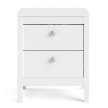 White Madrid 2 Drawer Nightstand by Start2Finish with sleek modern design, featuring two spacious drawers and a smooth finish.