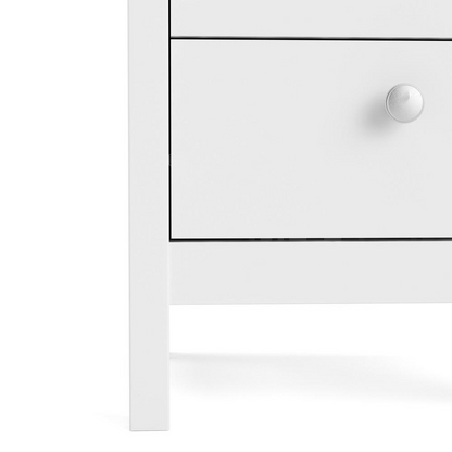 White Madrid 2 Drawer Nightstand by Start2Finish with sleek design and modern handles, close-up of the front showing drawer details.