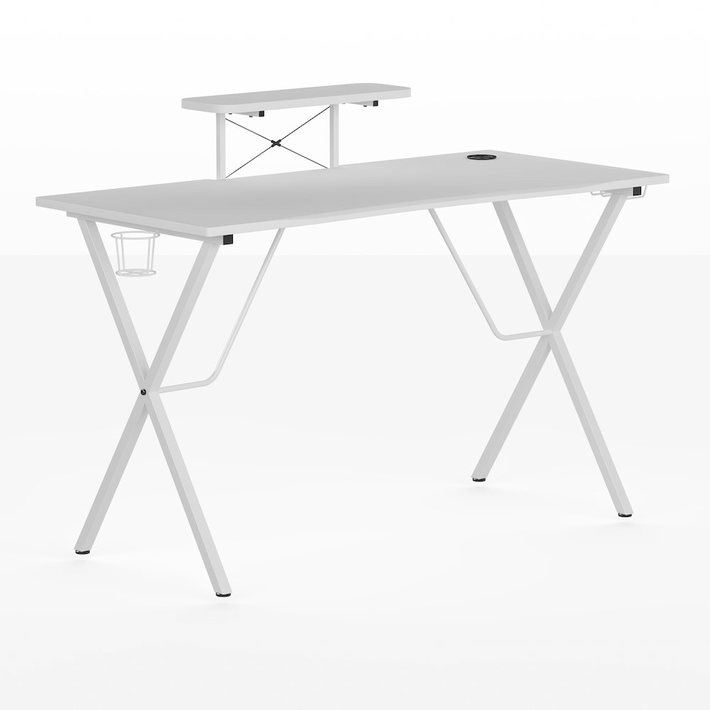 White Start2Finish gaming desk featuring cup holder, headphone hook, and monitor and smartphone stands.