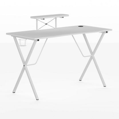 White Start2Finish gaming desk featuring cup holder, headphone hook, and monitor and smartphone stands.
