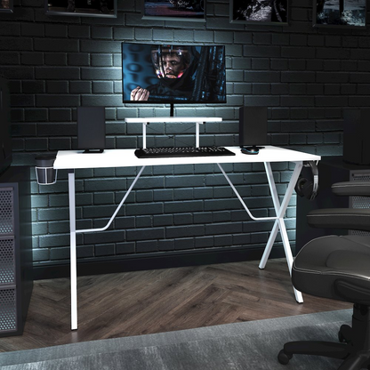 White Start2Finish gaming desk with cup holder, headphone hook, and monitor and smartphone stands, ideal for gaming and work setups.
