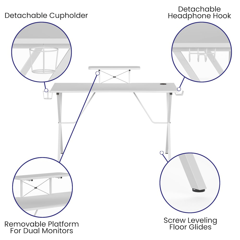 White Start2Finish gaming desk with cup holder, headphone hook, and monitor or smartphone stand, featuring a spacious work surface.