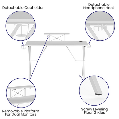 White Start2Finish gaming desk with cup holder, headphone hook, and monitor or smartphone stand, featuring a spacious work surface.